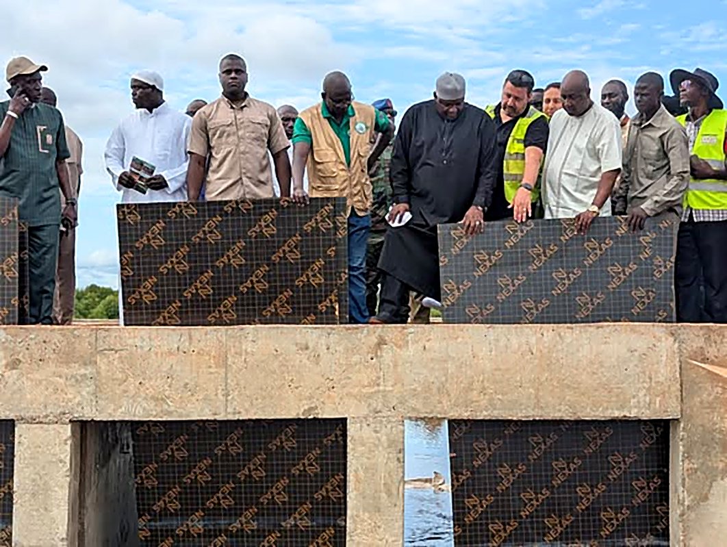 Le Président Barrow et sa délégation inspectent un ouvrage hydraulique à Genieri